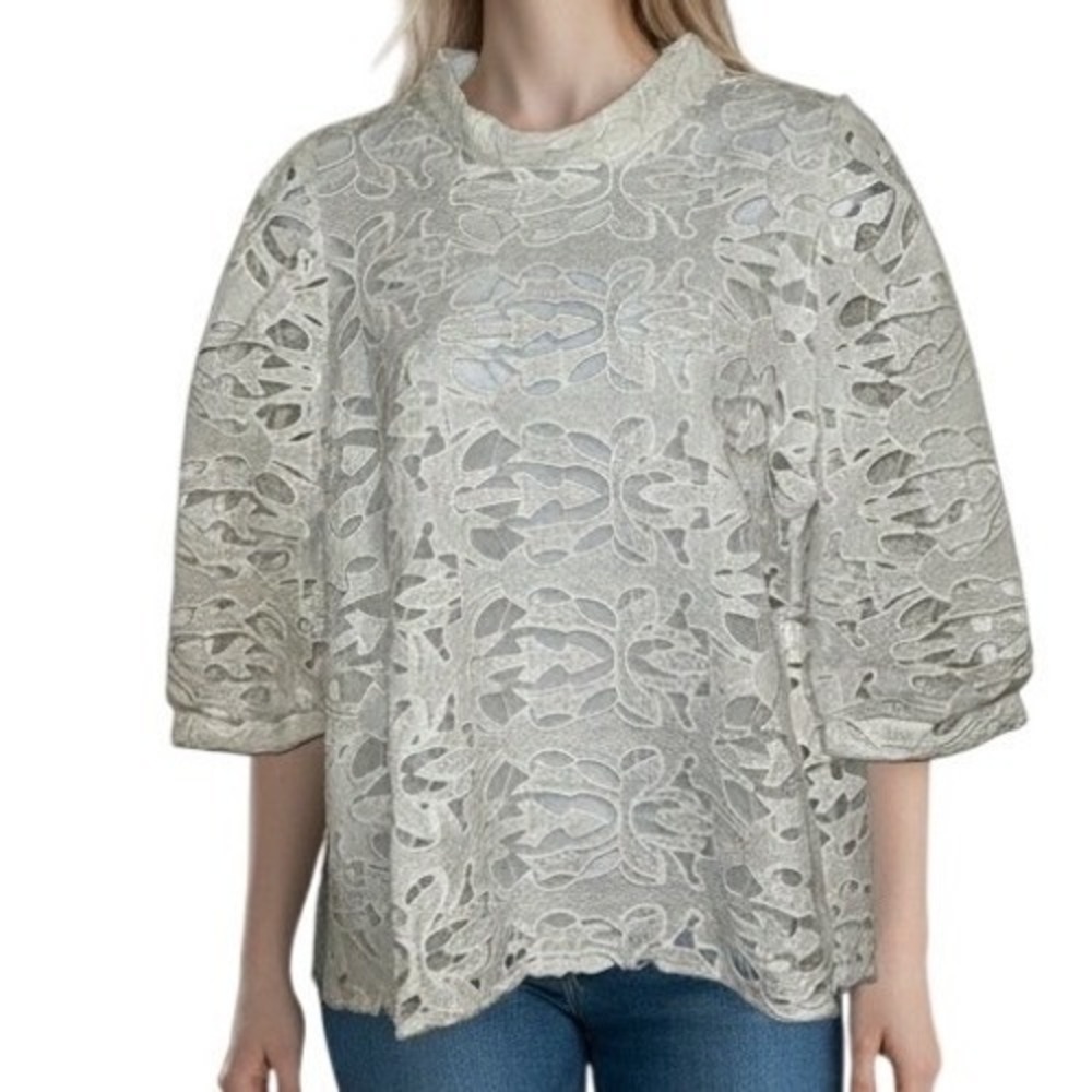 SEE AND BE SEEN White Lace Mock Neck Eyelet Overlay Statement‎ Sleeve Top NWT S